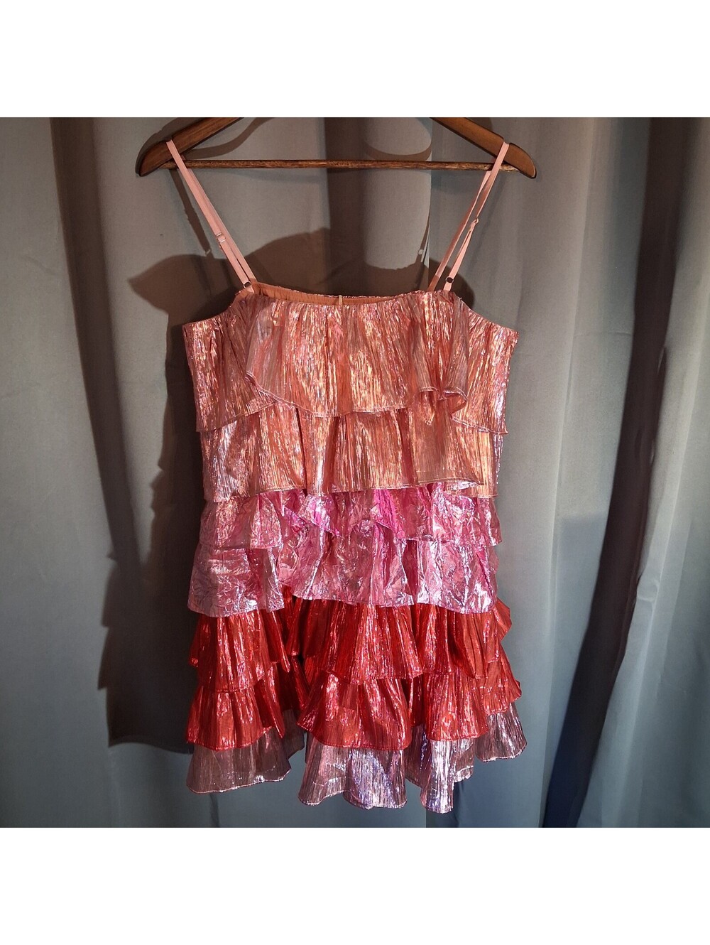 Collective The Label Pink and Red Metallic Ruffle Tiered Dress Size 14